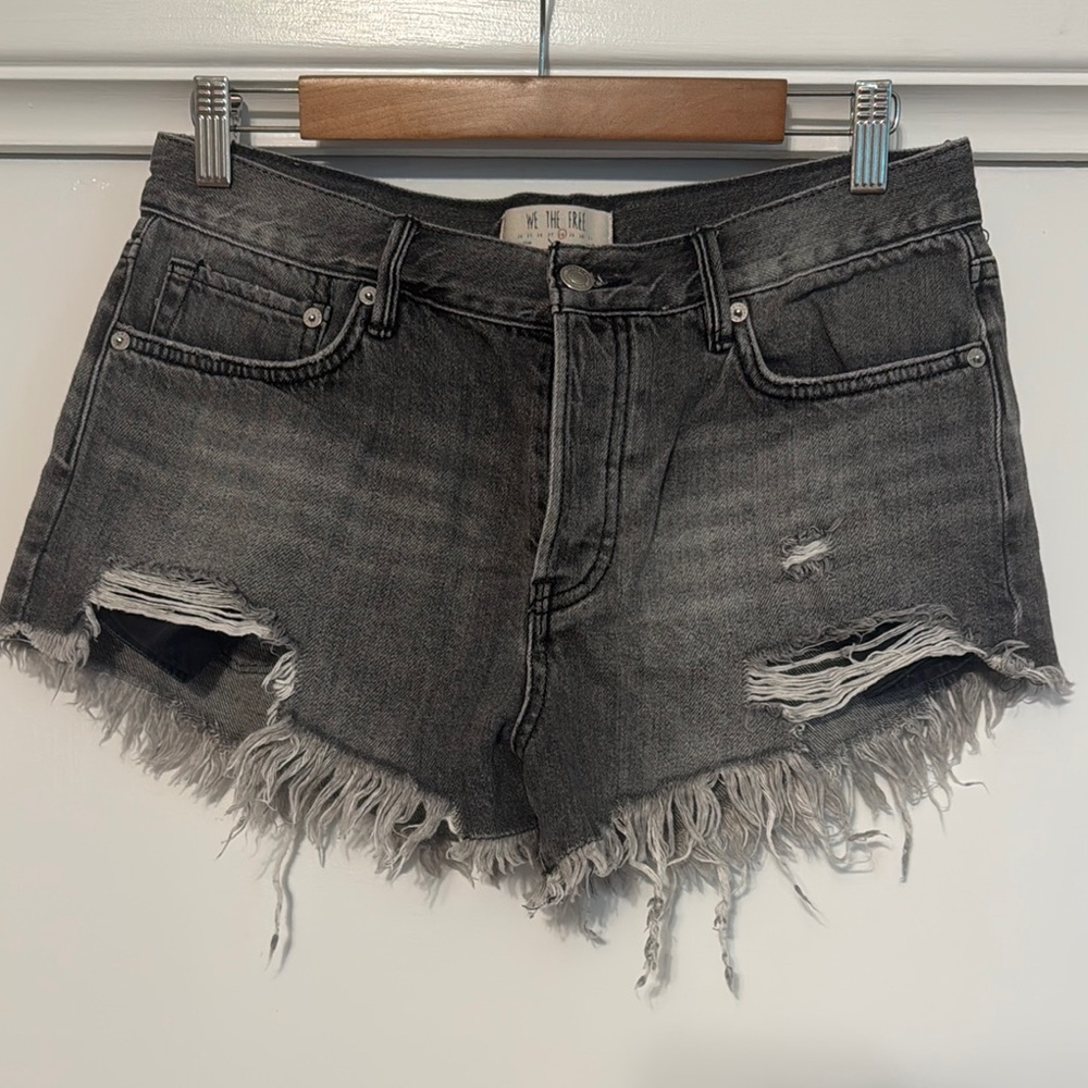 Free People Gray/Black Distressed Jean Shorts